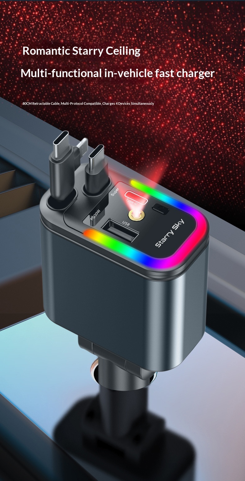 5-in-1 Car Charger With Starry Sky Ambient Light And Retractable Cable_voghion.com