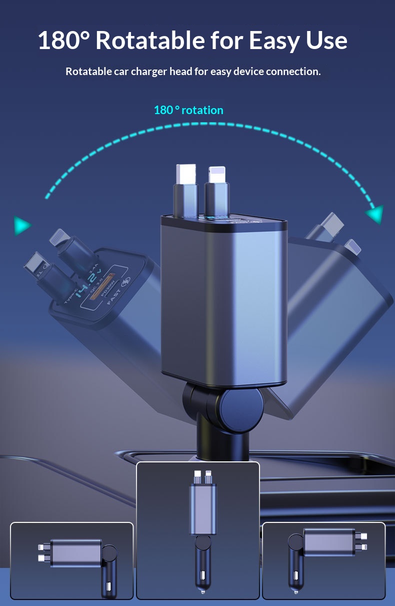 Car Charger Super Multi-Function Cigarette Lighter One-to-Four Retractable Cable PD Fast Charging Mobile Phone Adapter_voghion.com