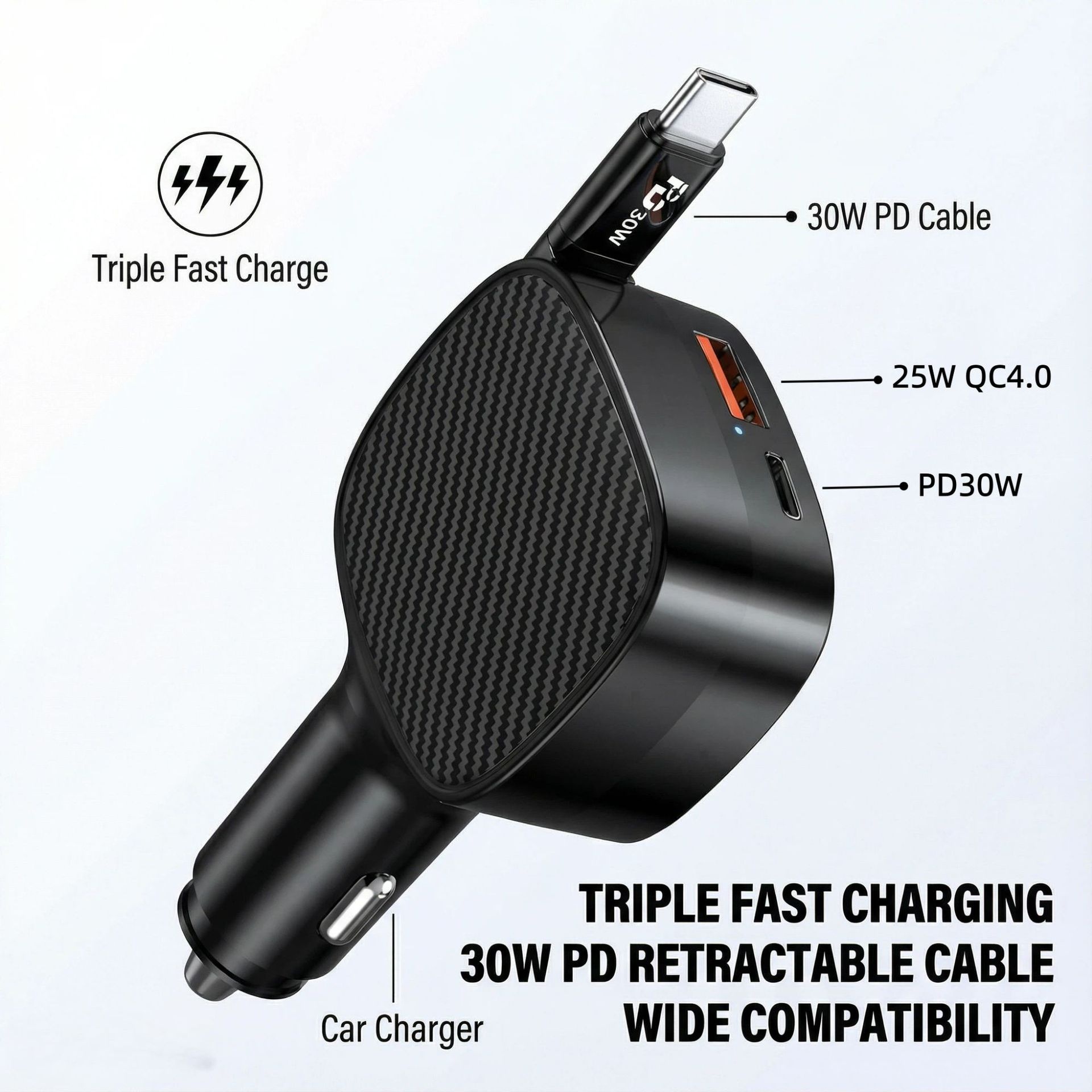 Cross-border Bestseller: Retractable PD30W 3-in-1 Charger, Multifunctional Three-way Super Fast Charging Car Charger QC4_voghion.com