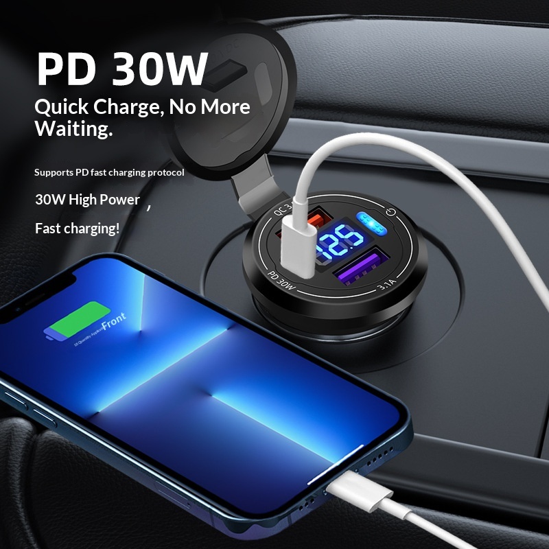 Neues wasserdichtes Motorrad-Autoladegerät mit zwei USB-Anschlüssen, PD-Superschnellladefunktion und Digitalanzeige_voghion.com