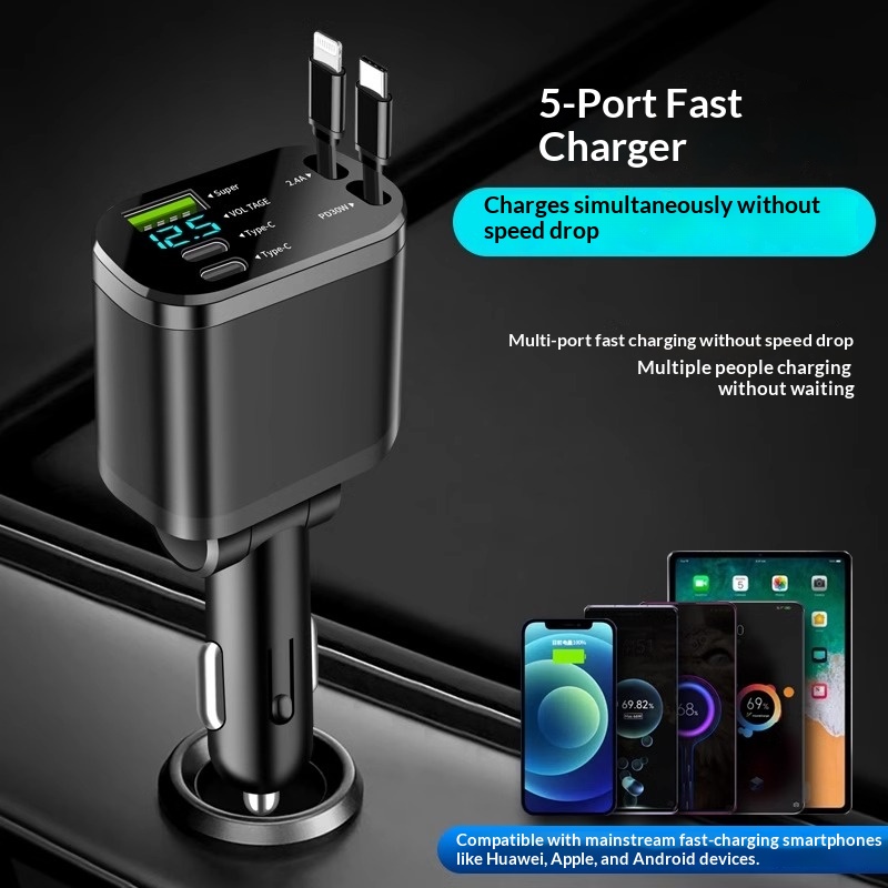 Car Charger Retractable Cable Super Fast Charging 2025 New Model One-to-Two Cigarette Lighter 120W Compatible With_voghion.com