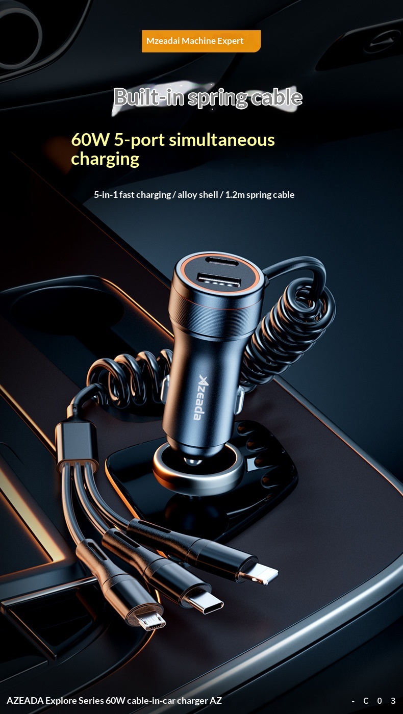 Brzi auto punjač sa trostrukim izlazom i integrisanim kablom_voghion.com