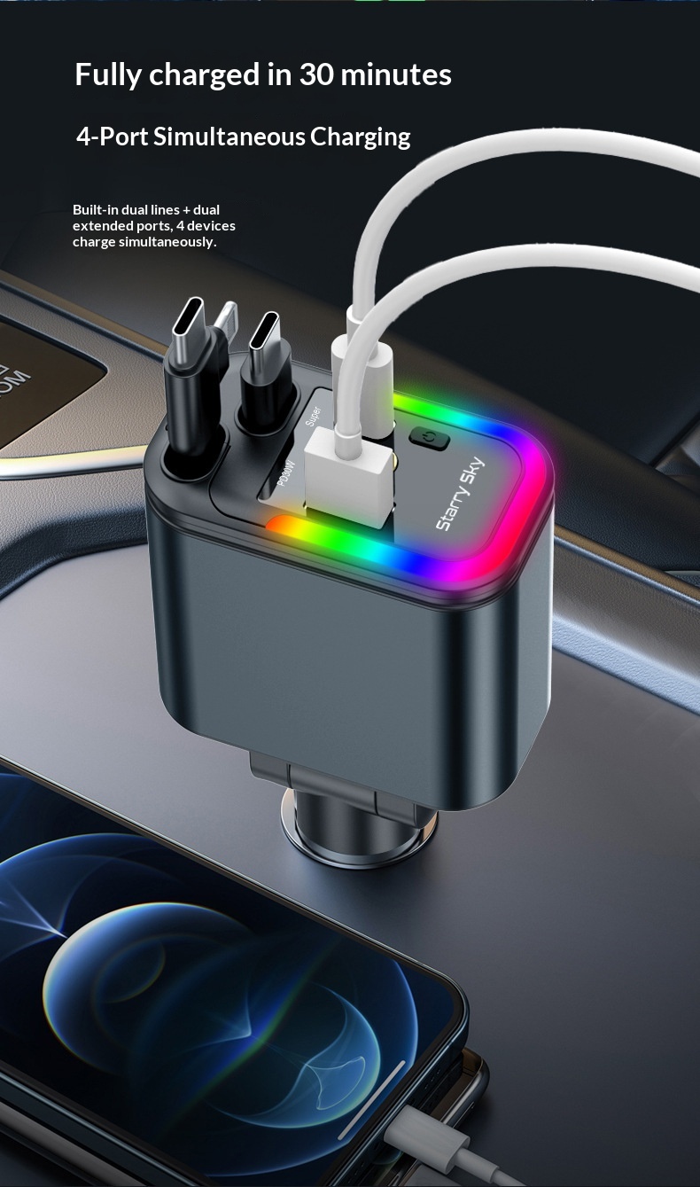 5-in-1 Car Charger With Starry Sky Ambient Light And Retractable Cable_voghion.com