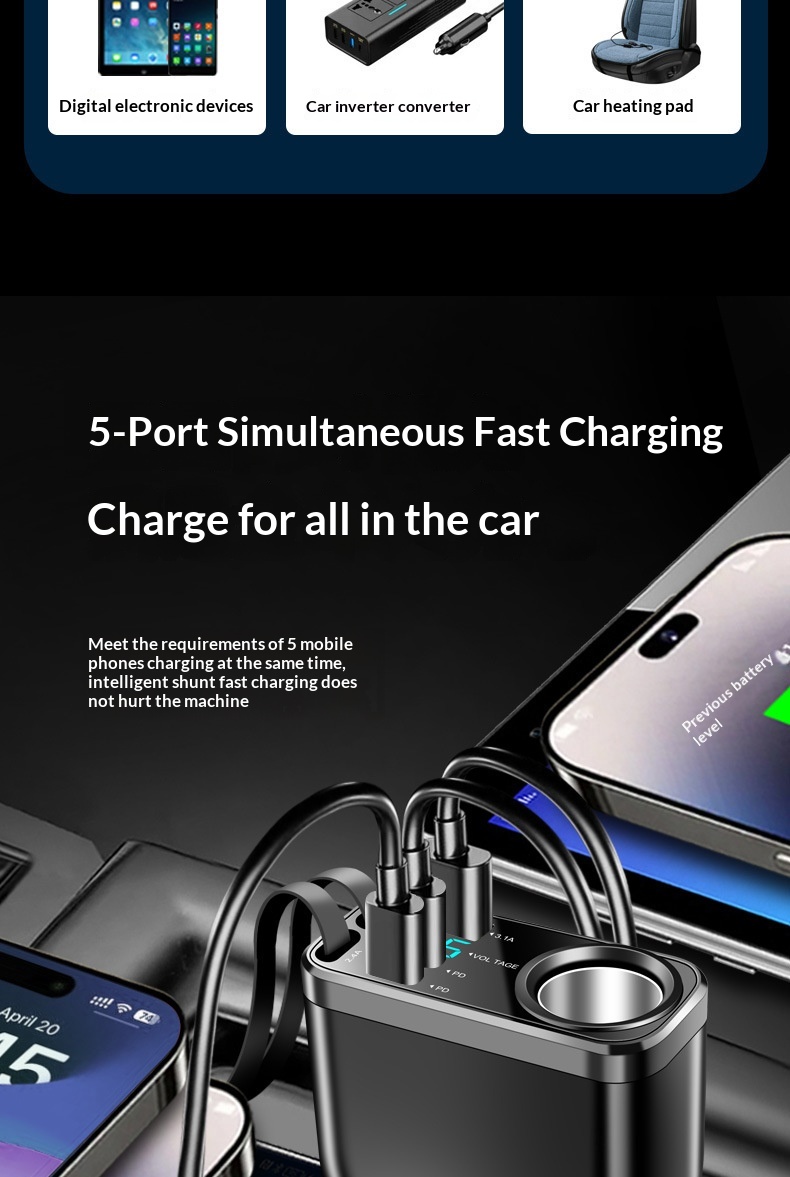 Adattatore multifunzione per caricabatterie da auto con presa accendisigari per ricarica super rapida del telefono cellulare._voghion.com