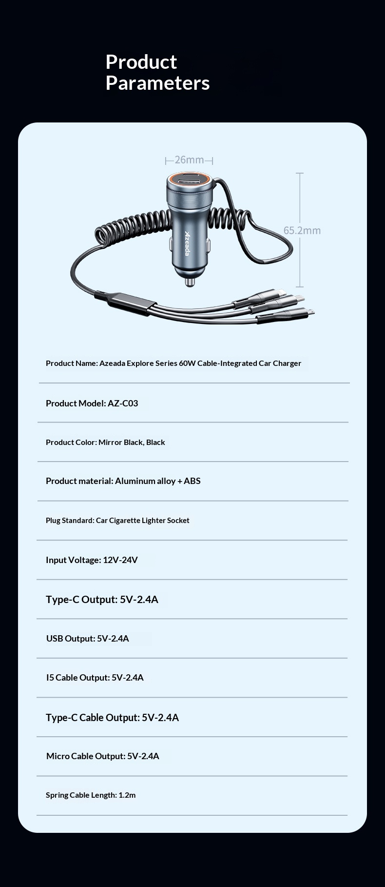 Brzi auto punjač sa trostrukim izlazom i integrisanim kablom_voghion.com