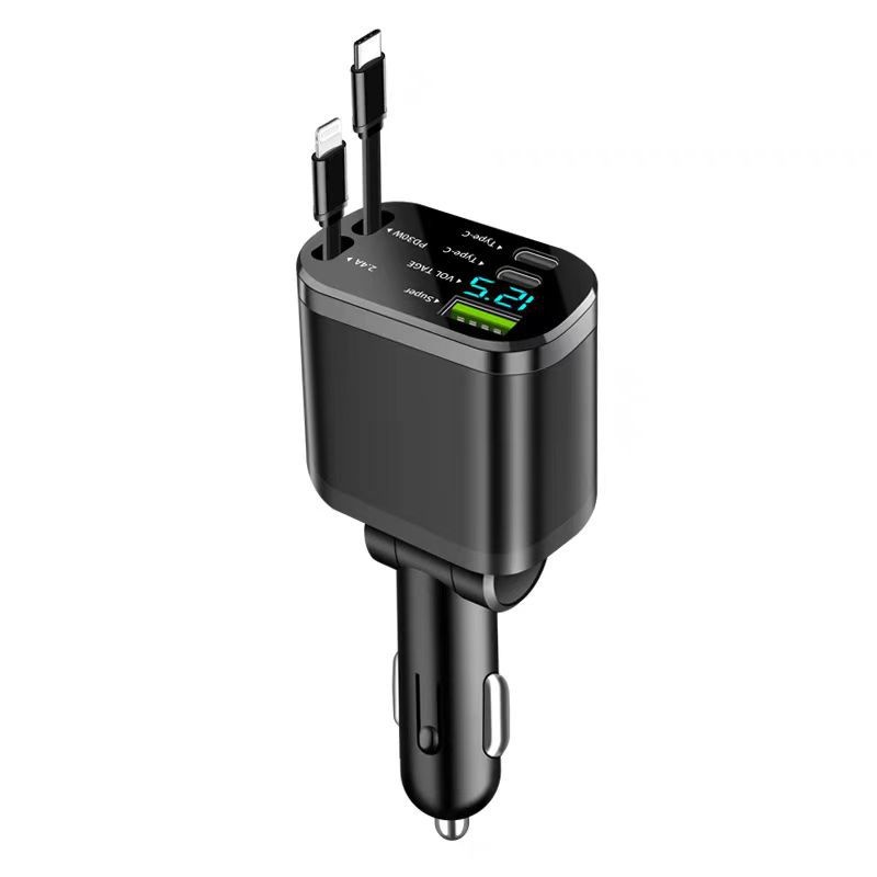 Car Charger Retractable Cable Super Fast Charging 2025 New Model One-to-Two Cigarette Lighter 120W Compatible With_voghion.com