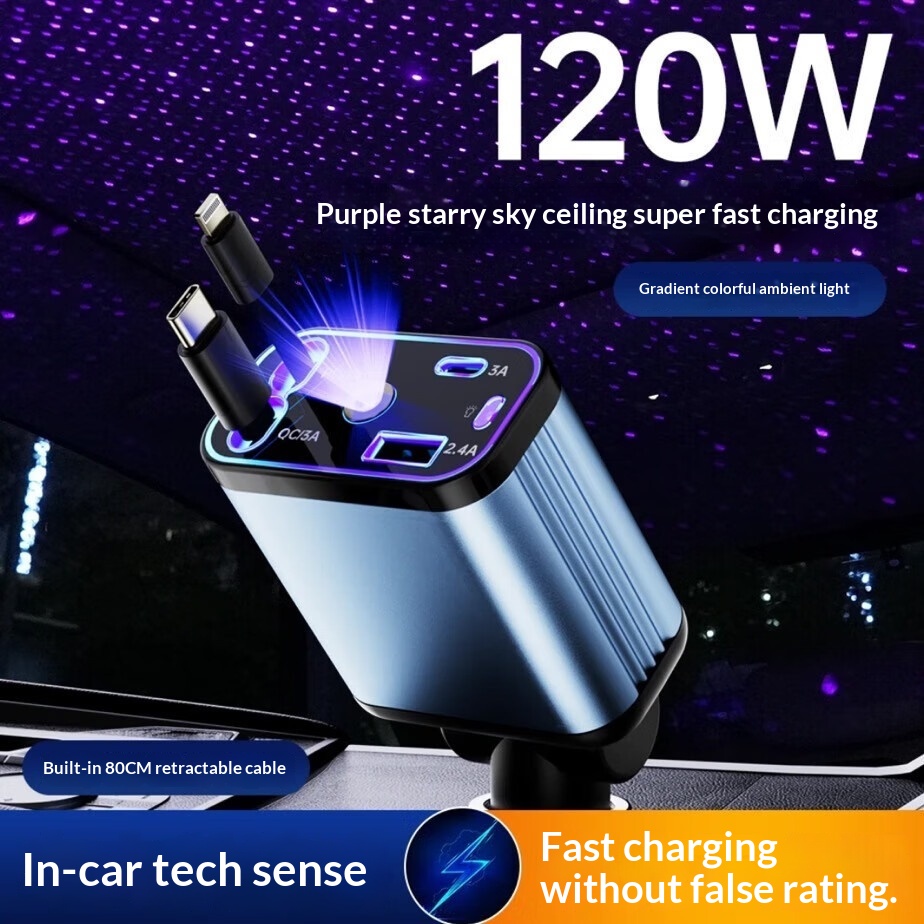 Starry Sky Roof 120W Super Fast Charging Charger With Retractable Cable Ambient Light For Car Interior Cigarette Lighter_voghion.com