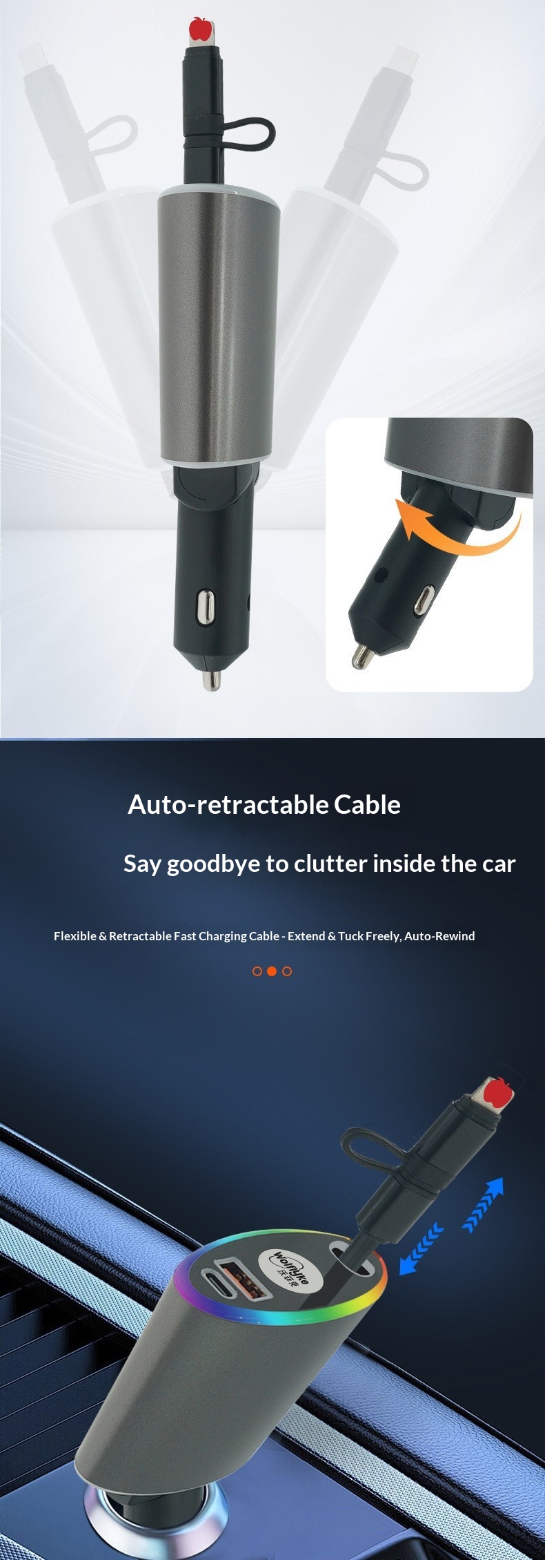 New Car Charger Fast Charging Socket 3-in-1 Retractable Cable Cigarette Lighter 35W Super Conversion Plug_voghion.com