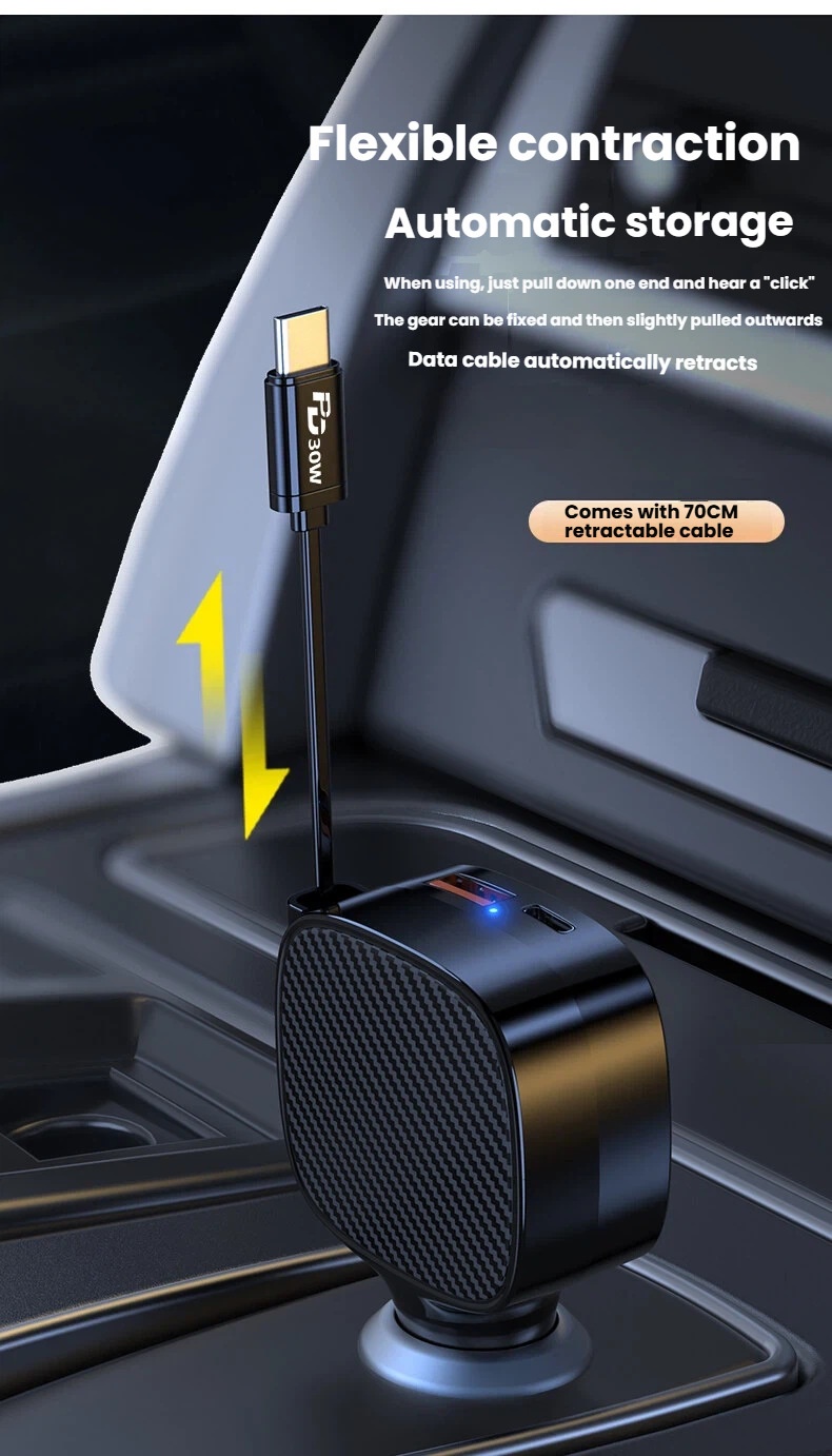 Cross-border Bestseller: Retractable PD30W 3-in-1 Charger, Multifunctional Three-way Super Fast Charging Car Charger QC4_voghion.com