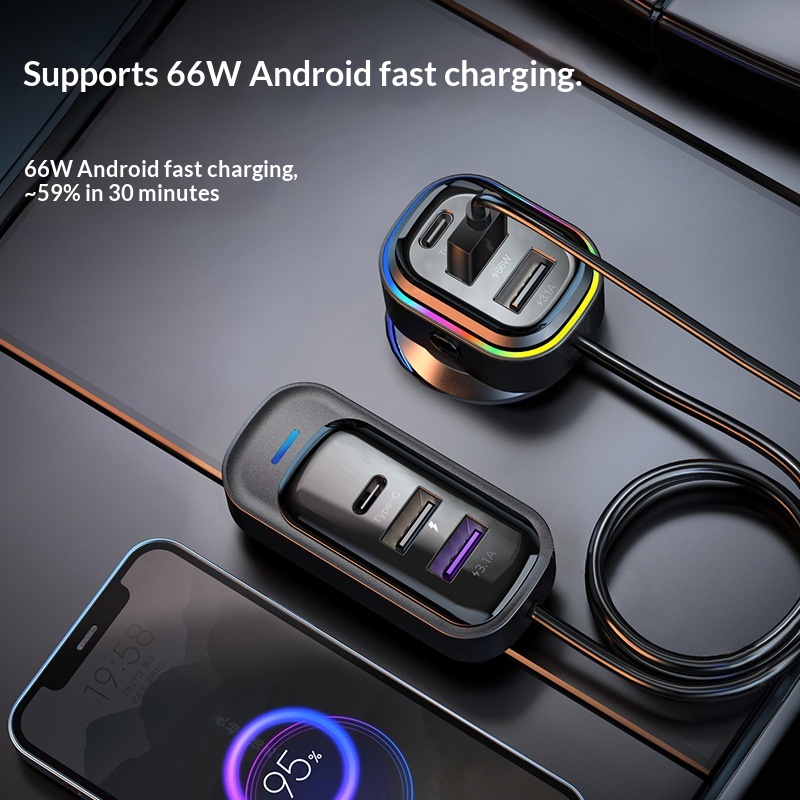 New USB Multi-Function 66W Super Fast Charging Car Rear Row Multi-Hole Wired Mobile Phone Charger_voghion.com
