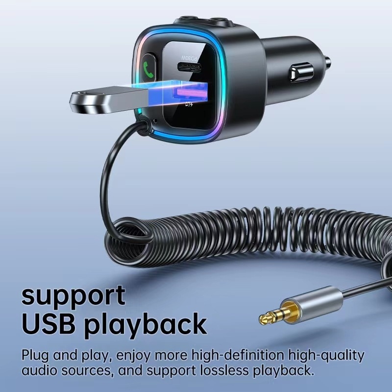 Bluetooth Fm Transmitter Car Charger With Audio Cable 2-in-1_voghion.com