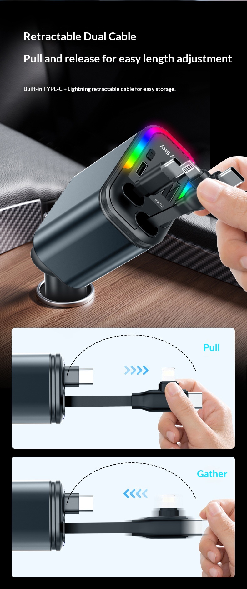 5-in-1 Car Charger With Starry Sky Ambient Light And Retractable Cable_voghion.com
