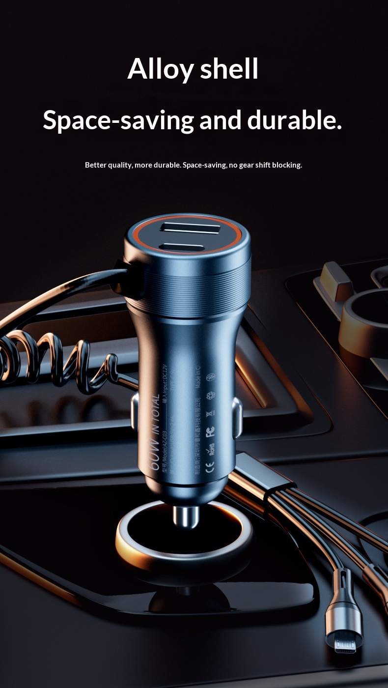 Brzi auto punjač sa trostrukim izlazom i integrisanim kablom_voghion.com