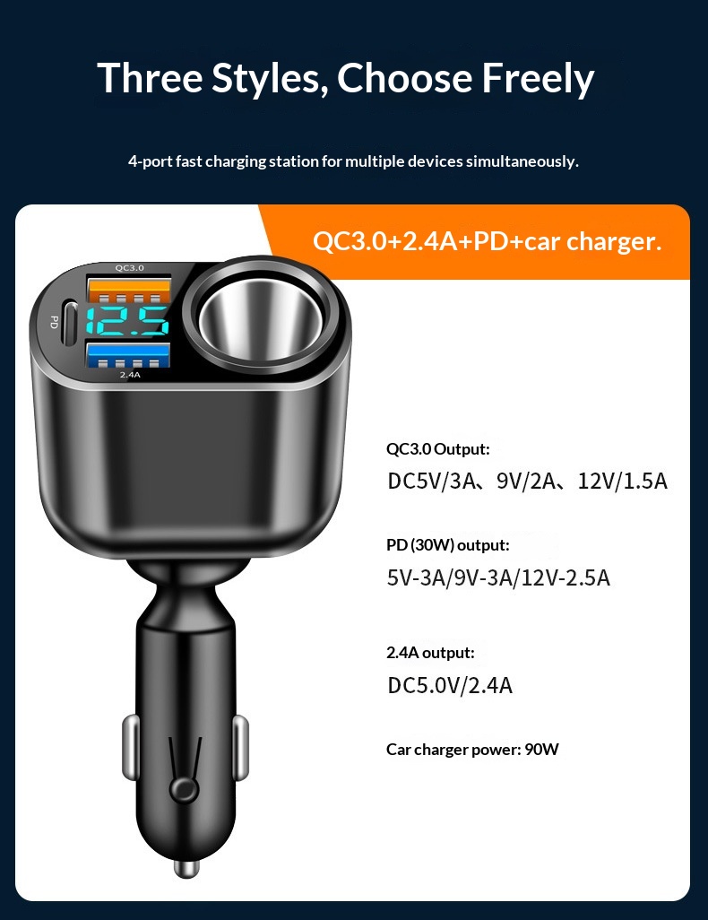 Auto oplader met dubbele usb type-c en digitaal display_voghion.com