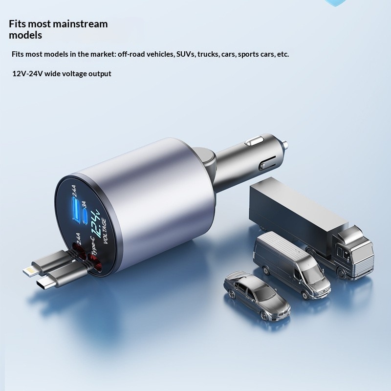 Metal Car Charger With Retractable Cable Fast Charging Adapter_voghion.com