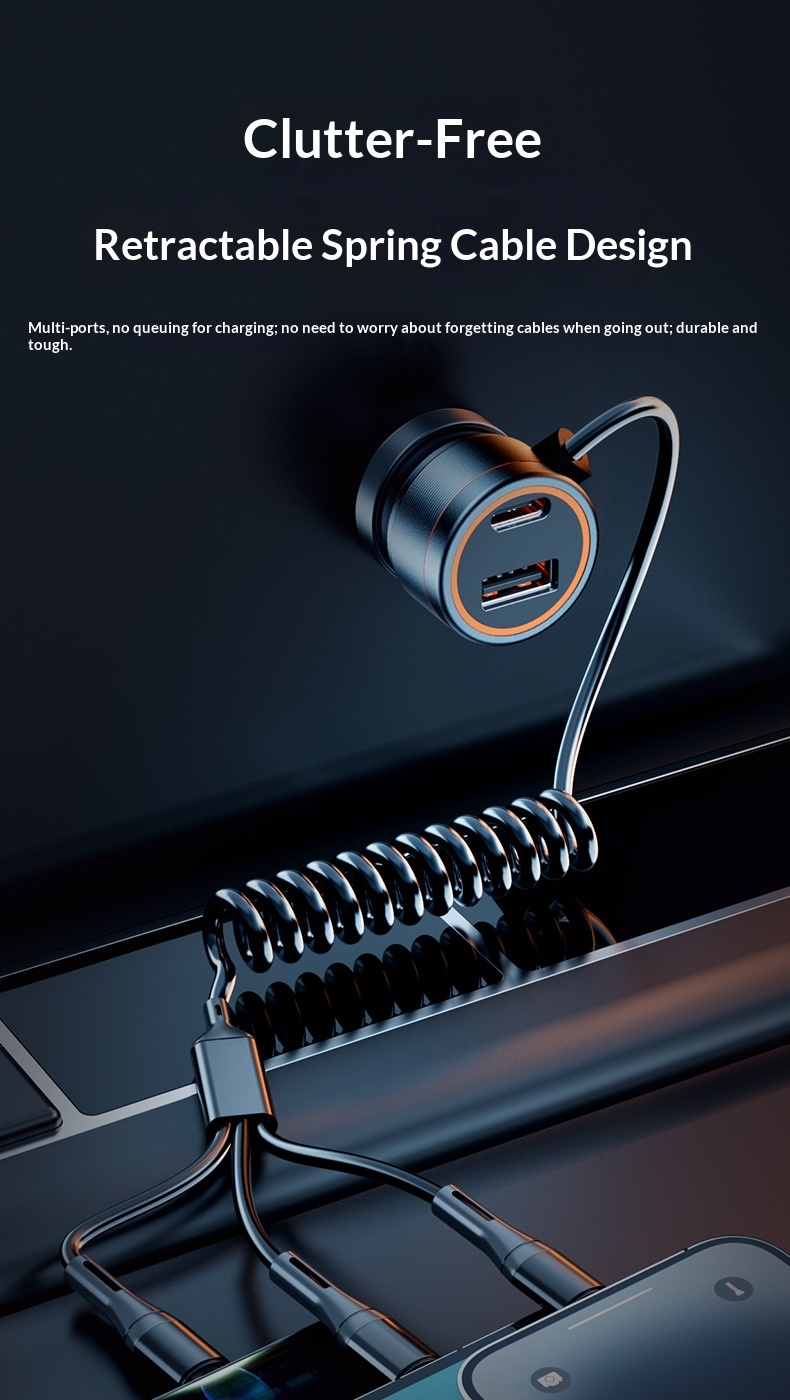 Brzi auto punjač sa trostrukim izlazom i integrisanim kablom_voghion.com