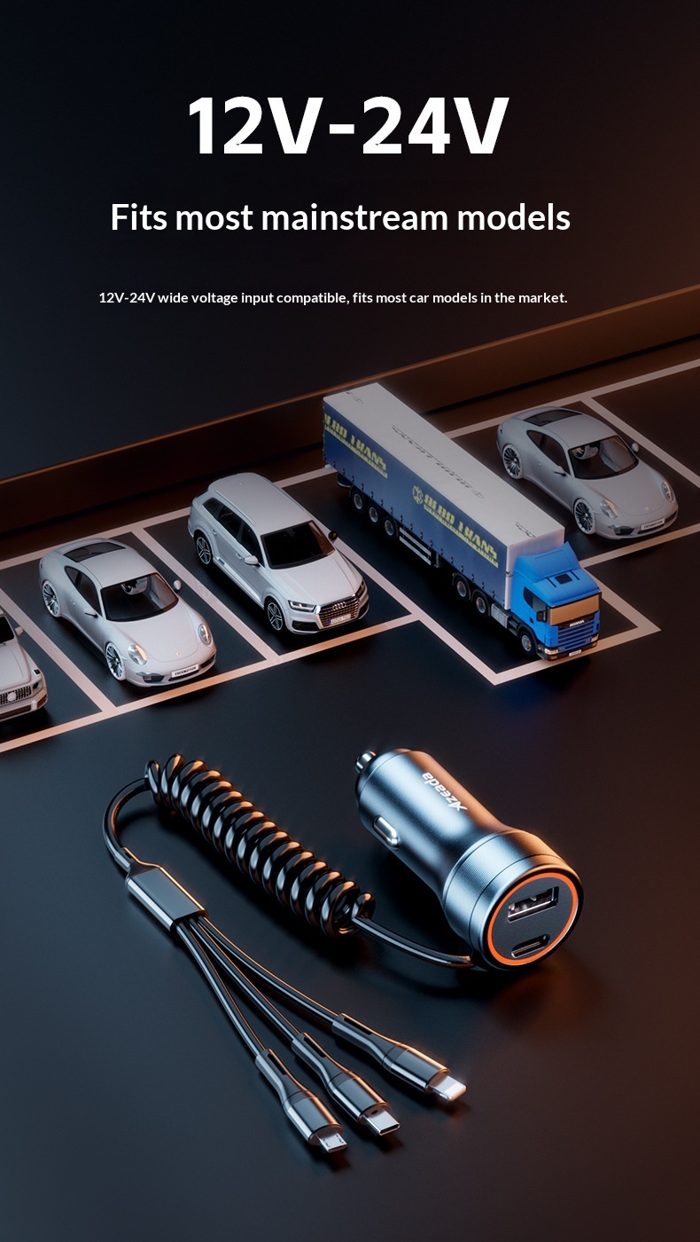 Brzi auto punjač sa trostrukim izlazom i integrisanim kablom_voghion.com