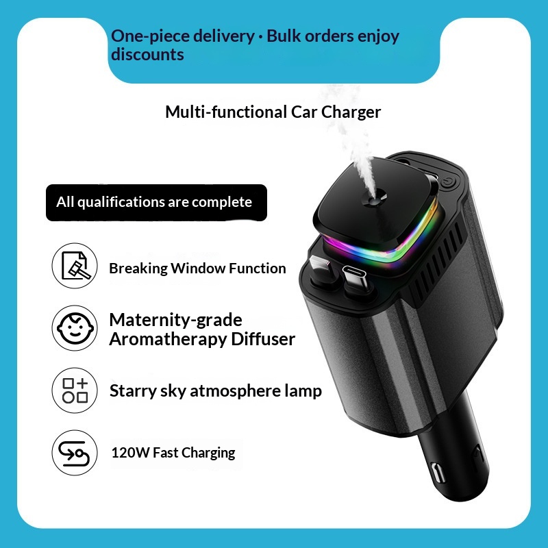 Chargeur USB multifonctionnel 120 W rétractable à charge rapide avec projection de ciel étoilé et veilleuse LED d'ambiance pour voiture_voghion.com