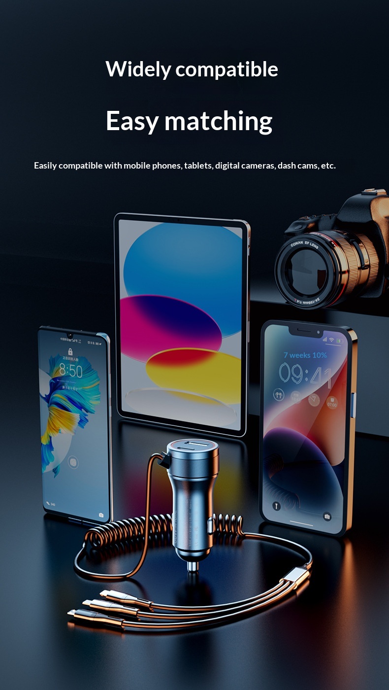 Brzi auto punjač sa trostrukim izlazom i integrisanim kablom_voghion.com