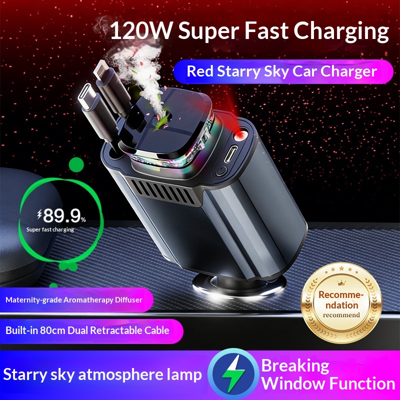Multifunktionales USB-Ladegerät 120W mit einziehbarer Schnellladefunktion, Sternenhimmelprojektion, LED-Ambientebeleuchtung fürs Auto_voghion.com