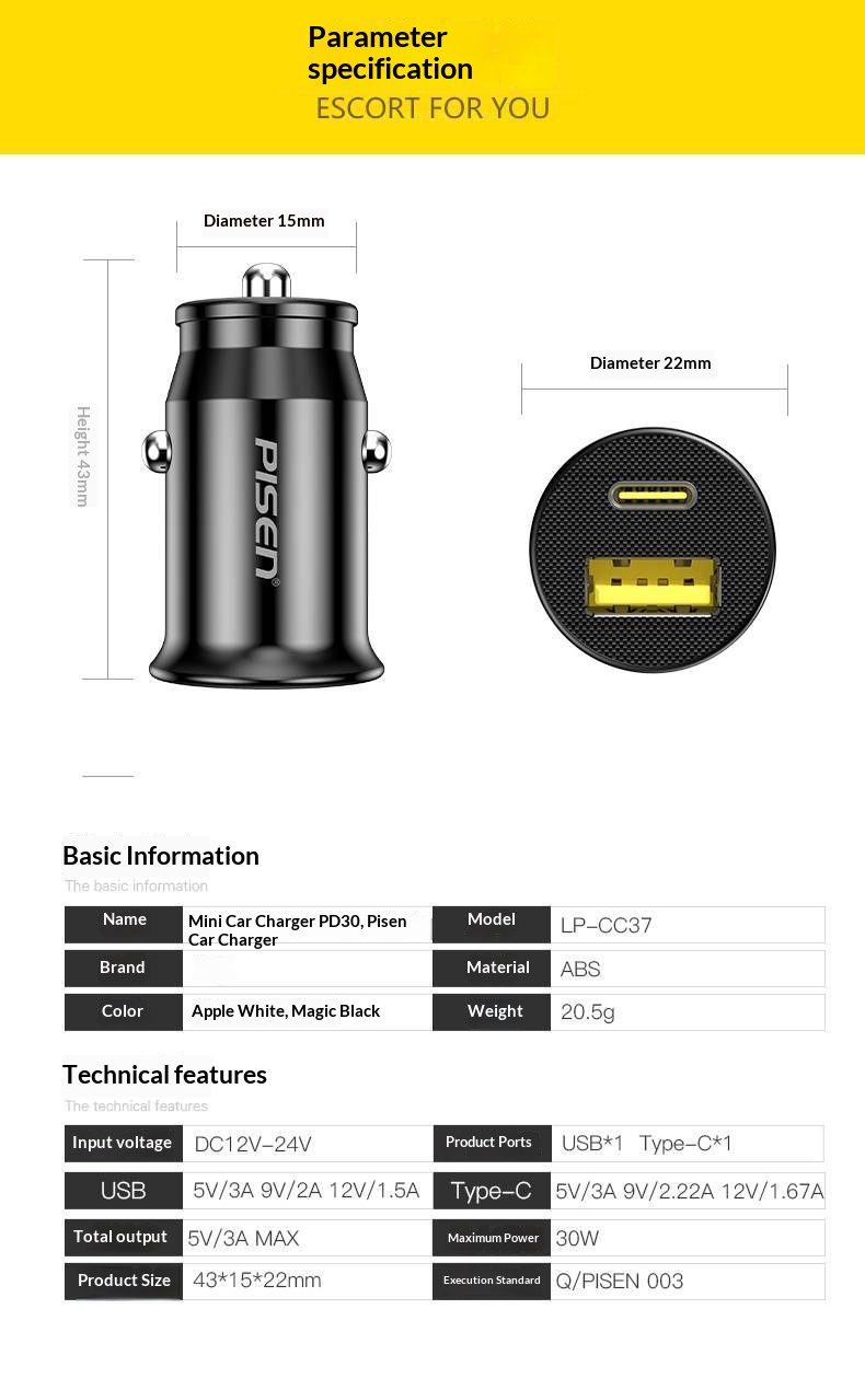 Pisen mini autolader 30w pd voor smartphone en tablet_voghion.com