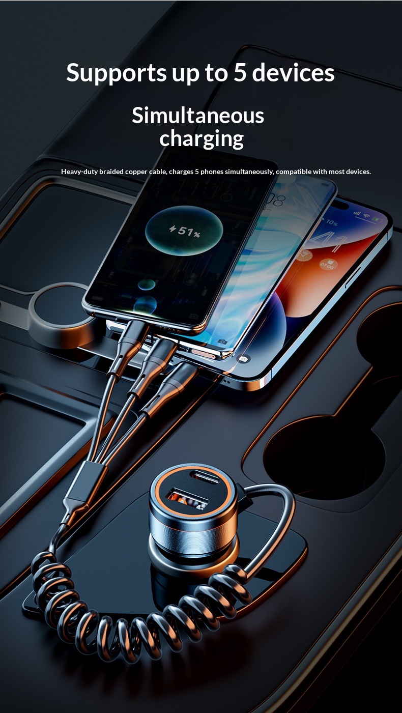 Brzi auto punjač sa trostrukim izlazom i integrisanim kablom_voghion.com