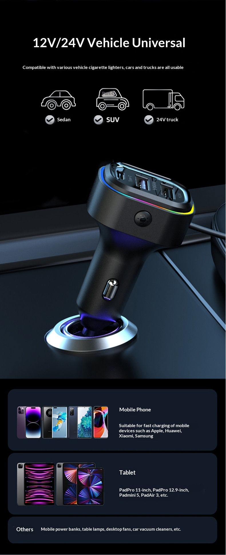 New USB Multi-Function 66W Super Fast Charging Car Rear Row Multi-Hole Wired Mobile Phone Charger_voghion.com