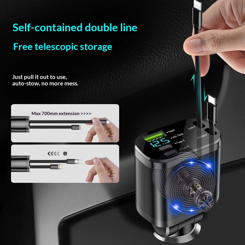 Car Charger Retractable Cable Super Fast Charging 2025 New Model One-to-Two Cigarette Lighter 120W Compatible With_voghion.com