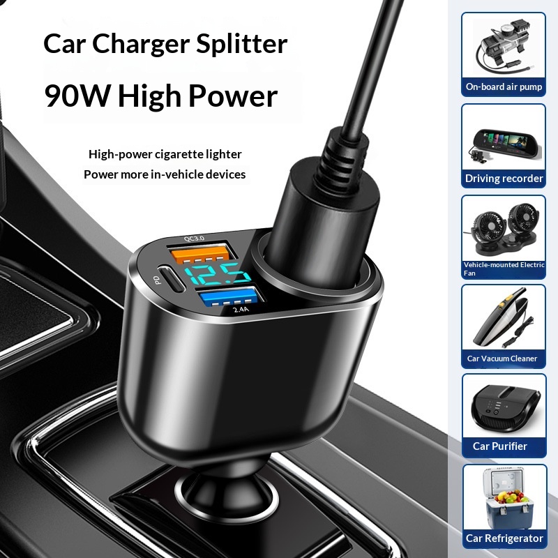 Nieuwe autolader met enkele sigarettenaansteker-uitbreidingspoort, dubbele USB Type-C-poort, digitaal display en QC3.0 snellaadfunctie._voghion.com