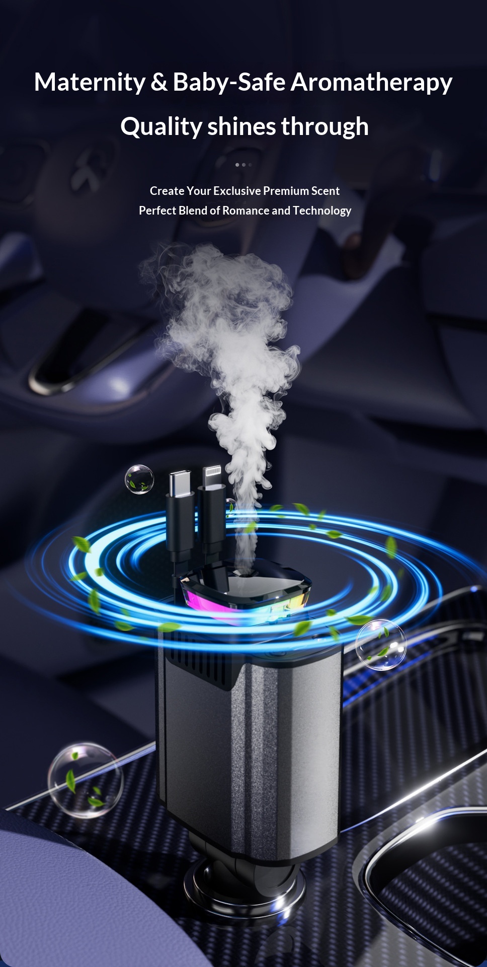 Multifunktionel biloplader med stemningslys og duftspreder_voghion.com