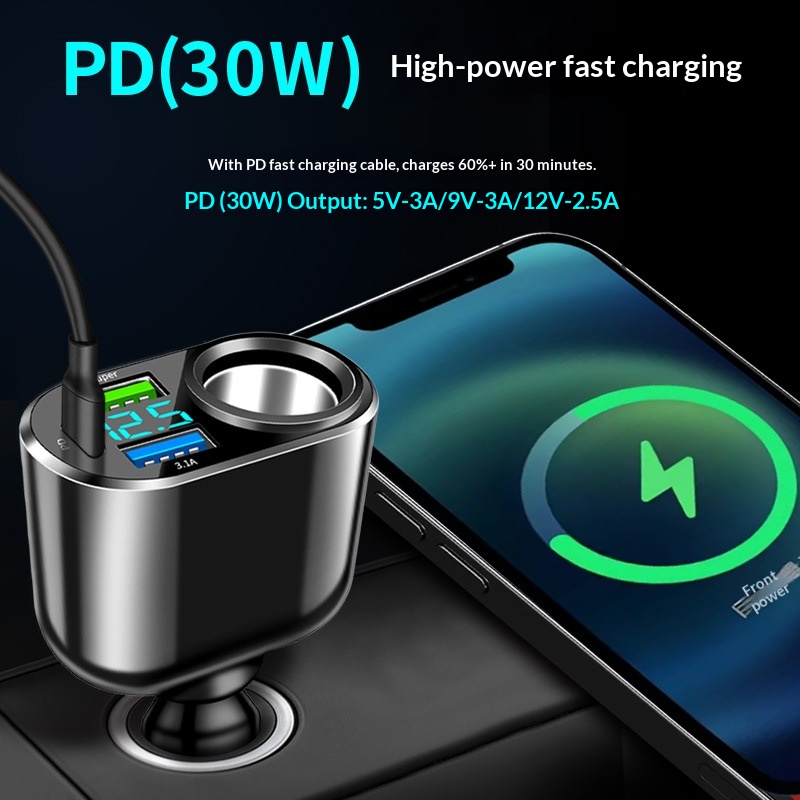 Nieuwe autolader met enkele sigarettenaansteker-uitbreidingspoort, dubbele USB Type-C-poort, digitaal display en QC3.0 snellaadfunctie._voghion.com