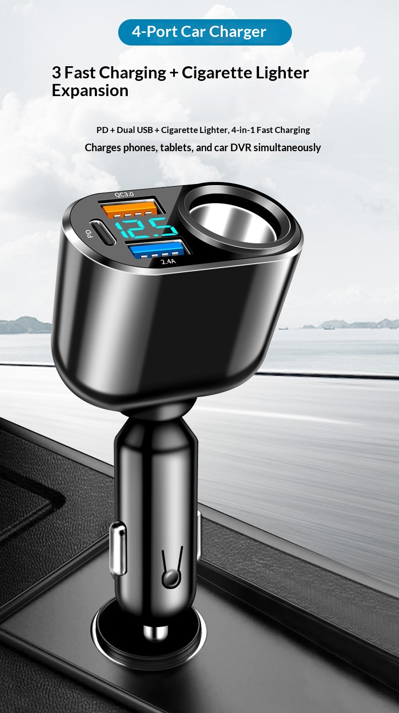 Auto oplader met dubbele usb type-c en digitaal display_voghion.com