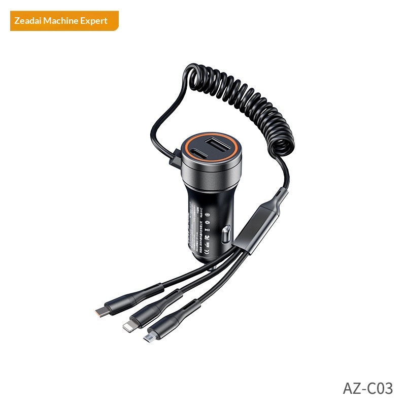 Azeada 60W With Cable, Cigarette Lighter Adapter, Fast Charging Head, One-to-Three Car Charger_voghion.com