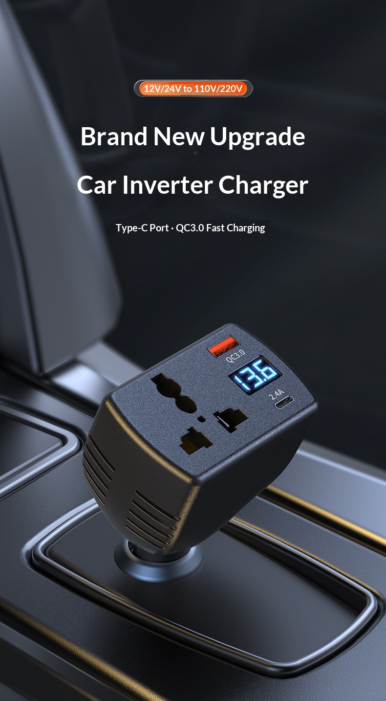 Caricabatterie ad alta potenza da 150 W, ricarica super rapida, multifunzione con display digitale della tensione, inverter per auto._voghion.com