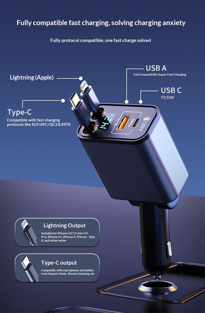Car Charger Super Multi-Function Cigarette Lighter One-to-Four Retractable Cable PD Fast Charging Mobile Phone Adapter_voghion.com