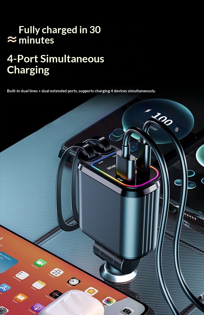 Starry Sky Car Charger 120w Super Fast With Retractable Cable_voghion.com