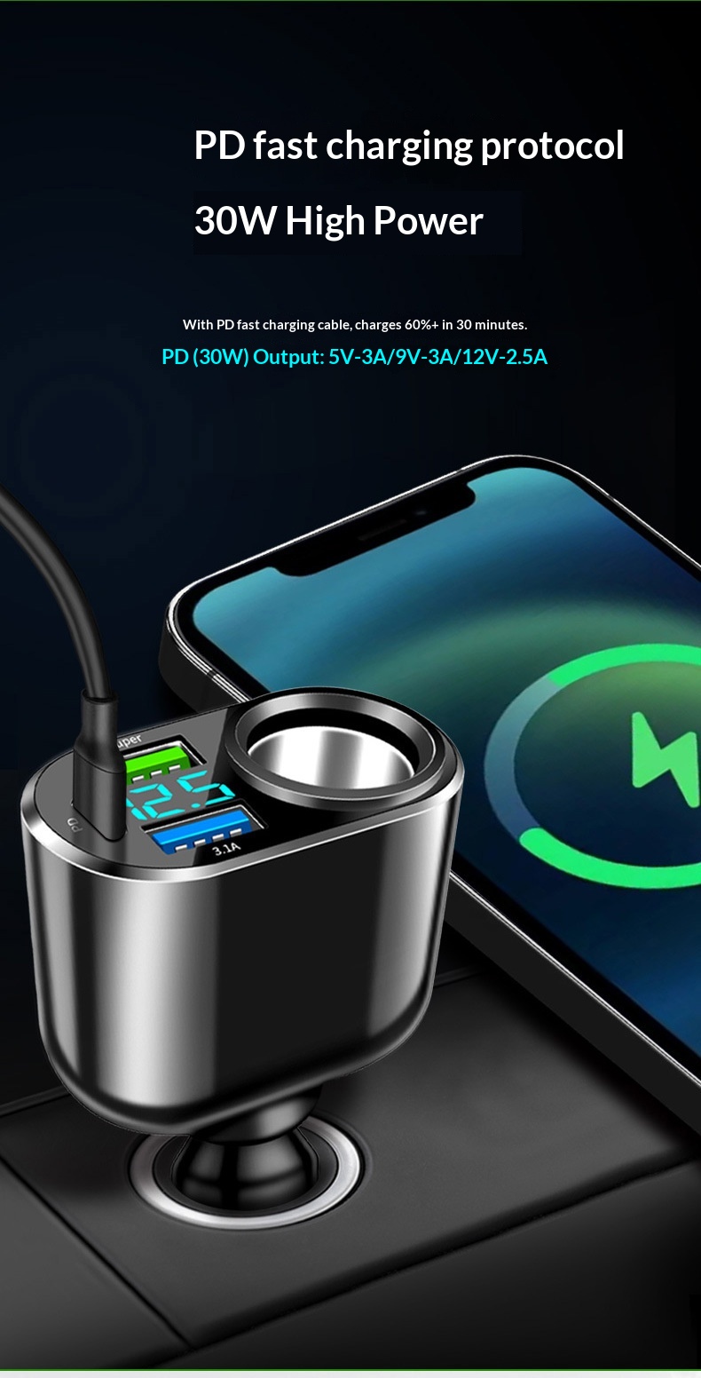 Auto oplader met dubbele usb type-c en digitaal display_voghion.com