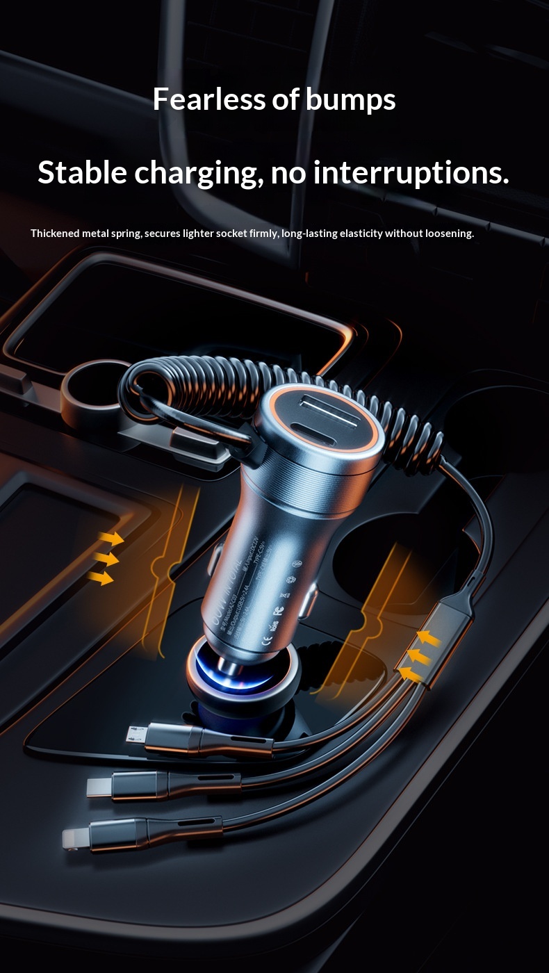 Brzi auto punjač sa trostrukim izlazom i integrisanim kablom_voghion.com