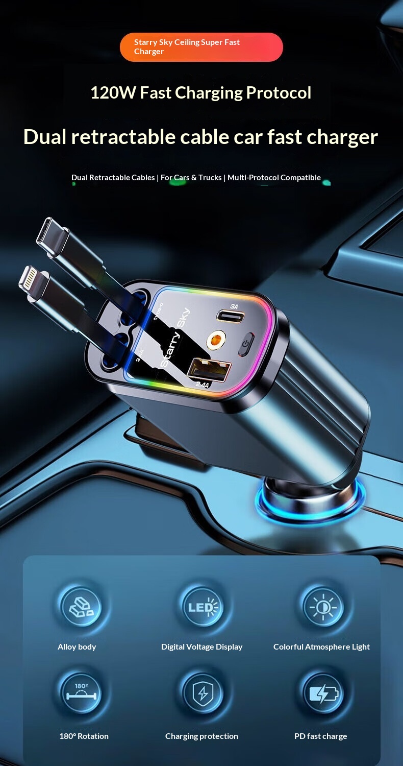Starry Sky Car Charger 120w Super Fast With Retractable Cable_voghion.com