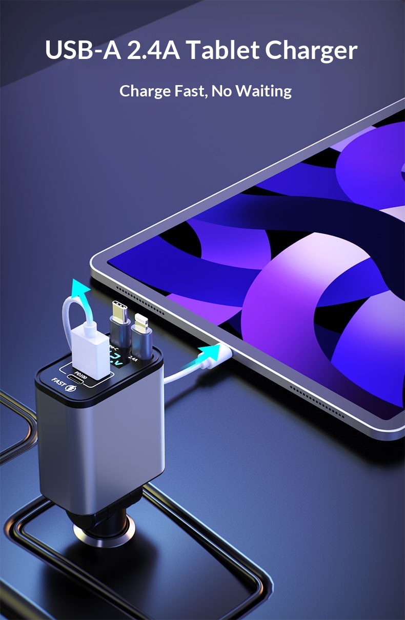 Car Charger Super Multi-Function Cigarette Lighter One-to-Four Retractable Cable PD Fast Charging Mobile Phone Adapter_voghion.com