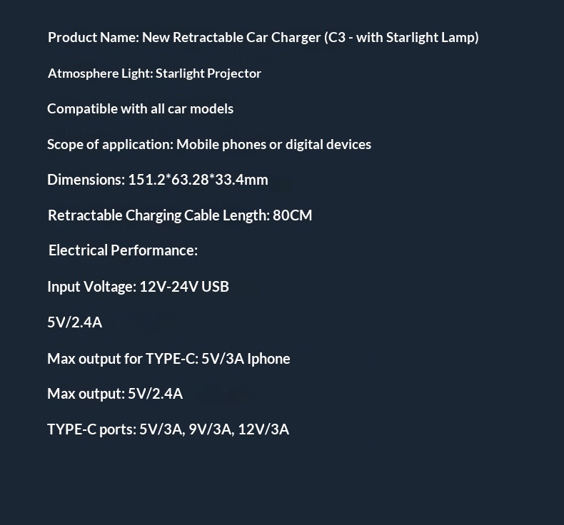 Starry Sky Car Charger 120w Super Fast With Retractable Cable_voghion.com