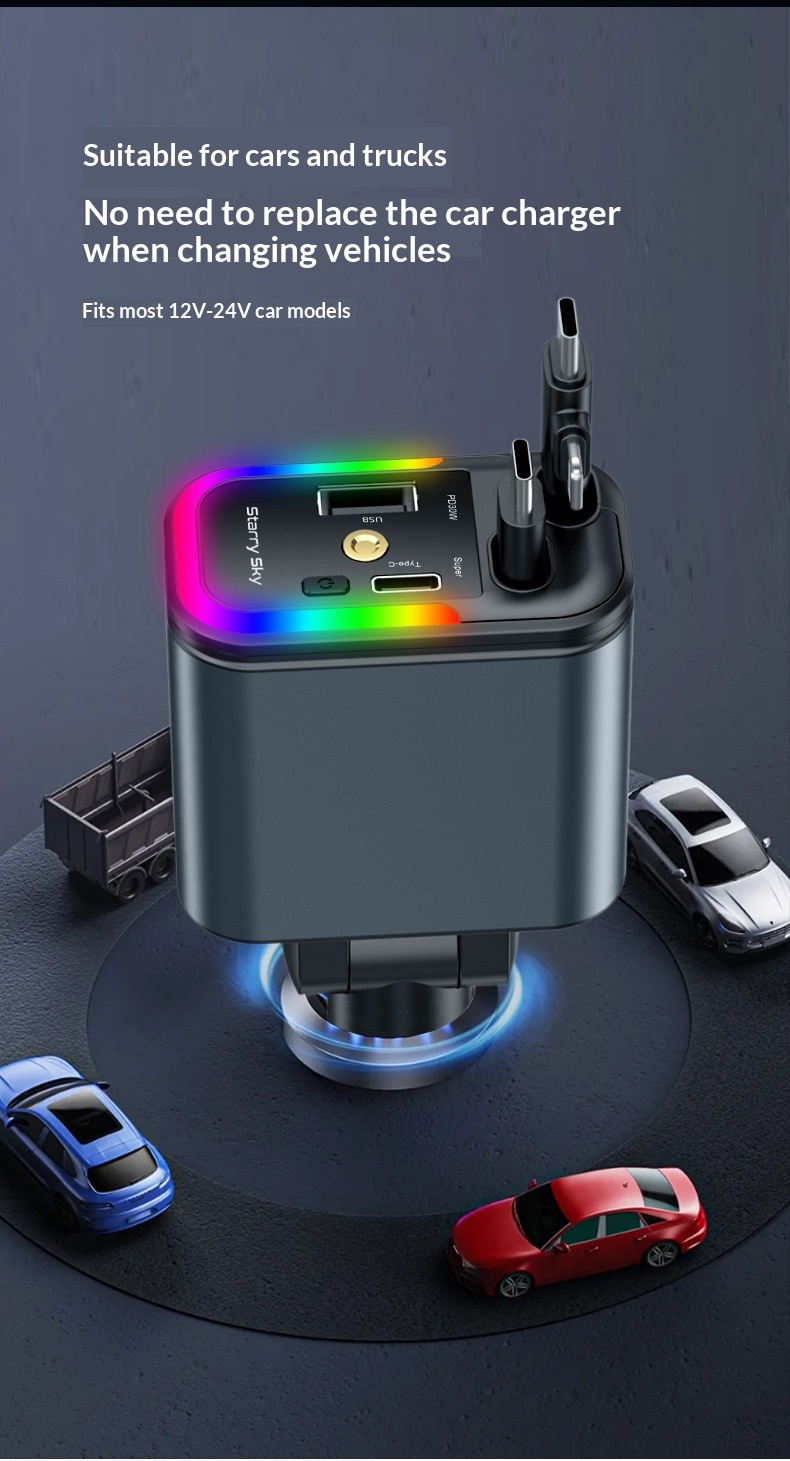 5-in-1 Car Charger With Starry Sky Ambient Light And Retractable Cable_voghion.com