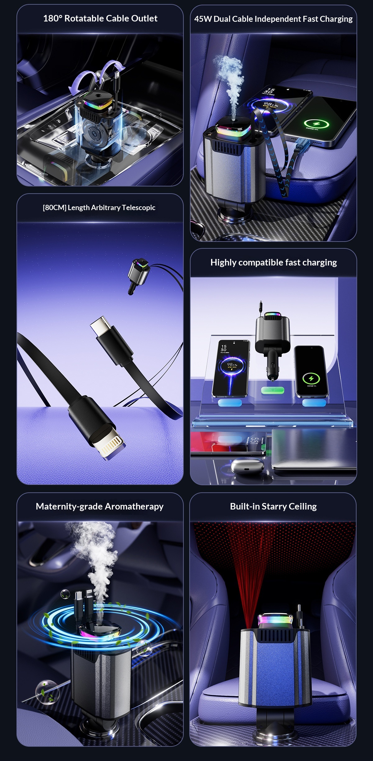 Multifunktionel biloplader med stemningslys og duftspreder_voghion.com