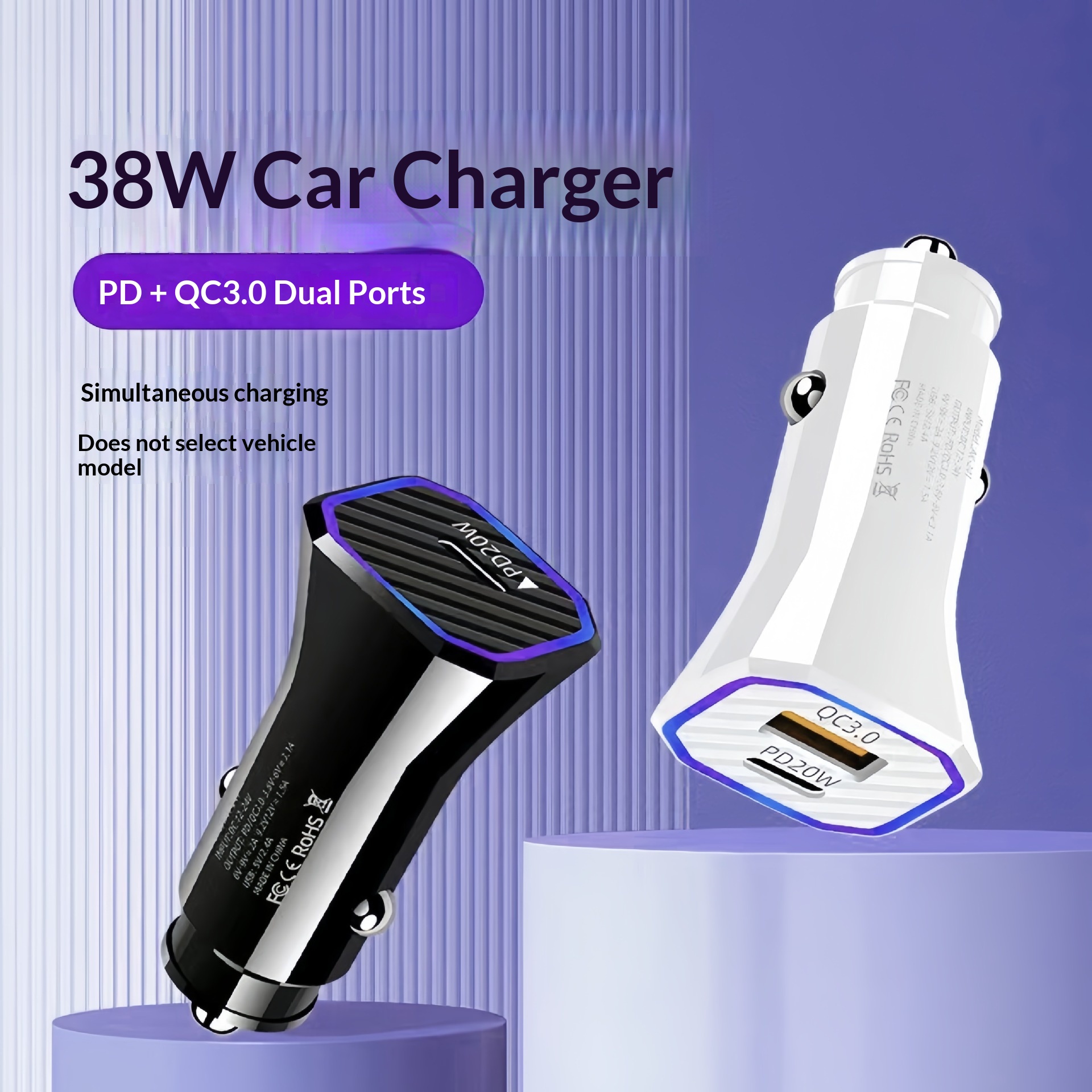 Caricabatterie da auto transfrontaliero a doppia porta PD Type-C e porta USB singola, con connettore di ricarica rapida multifunzione da 38W/20W._voghion.com