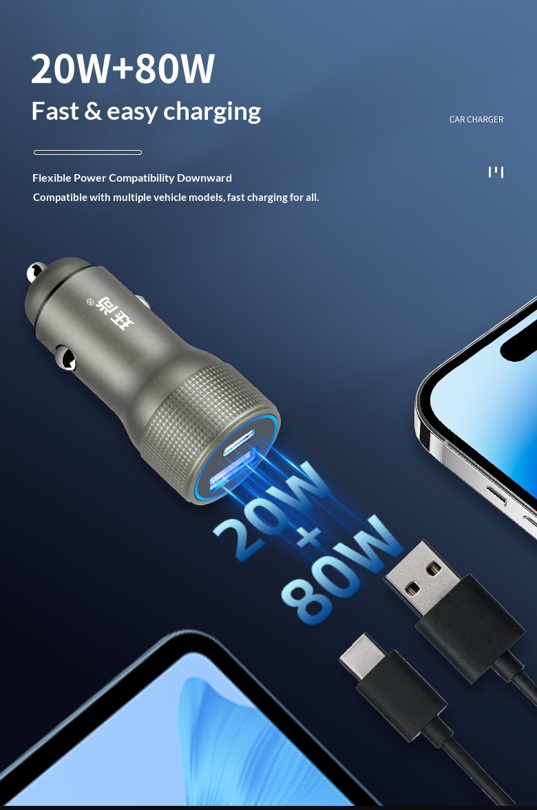 Fully Compatible 200W USB+TYPE-C Metal Car Charger Cigarette Lighter Plug PD Fast Charging_voghion.com