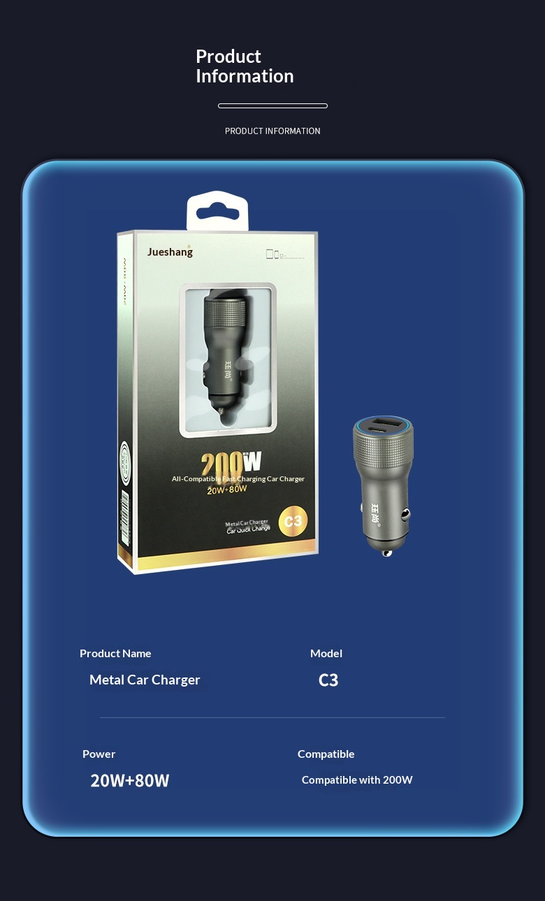 Fully Compatible 200W USB+TYPE-C Metal Car Charger Cigarette Lighter Plug PD Fast Charging_voghion.com