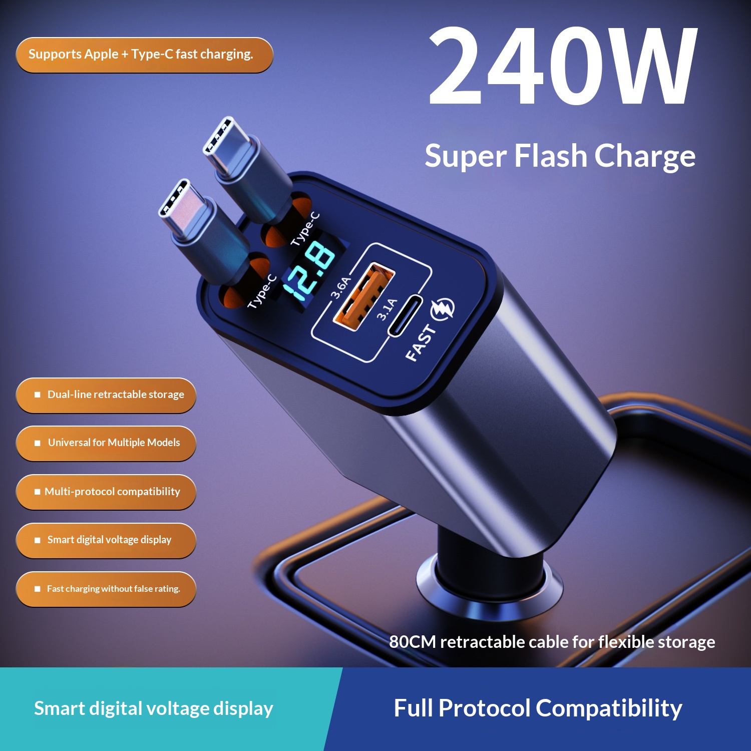 Car Charger Super Multi-Function Cigarette Lighter One-to-Four Retractable Cable PD Fast Charging Mobile Phone Adapter_voghion.com