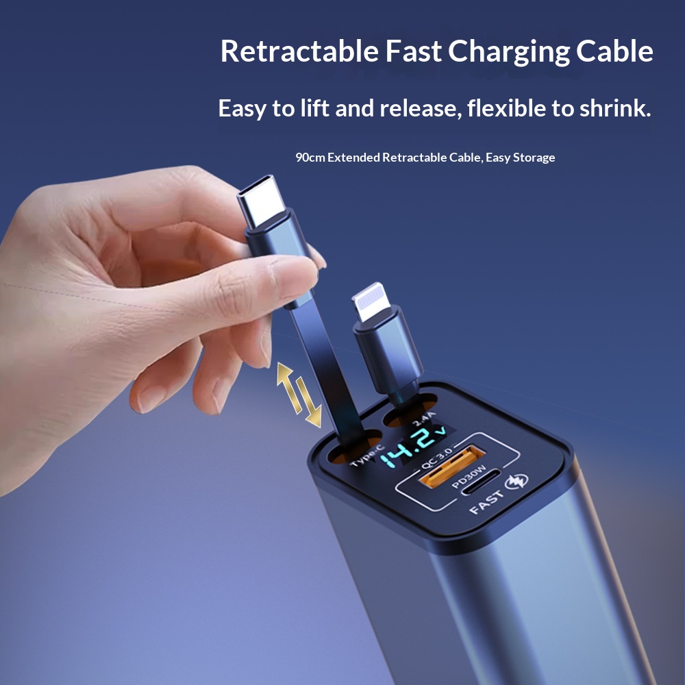 Car Charger Super Multi-Function Cigarette Lighter One-to-Four Retractable Cable PD Fast Charging Mobile Phone Adapter_voghion.com