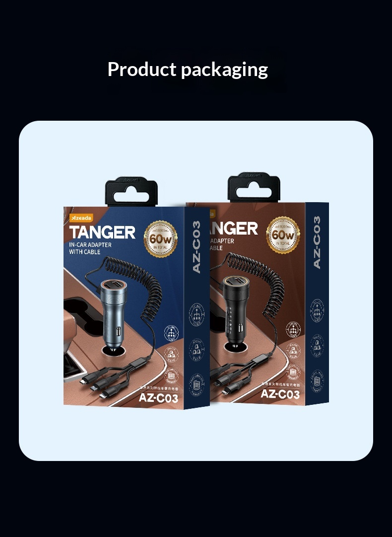 Brzi auto punjač sa trostrukim izlazom i integrisanim kablom_voghion.com