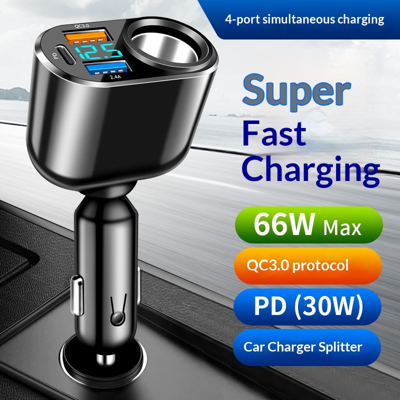 New Single Cigarette Lighter Expansion Port Dual USB Type-C Digital Display QC3.0 Fast Charging Car Charger_voghion.com